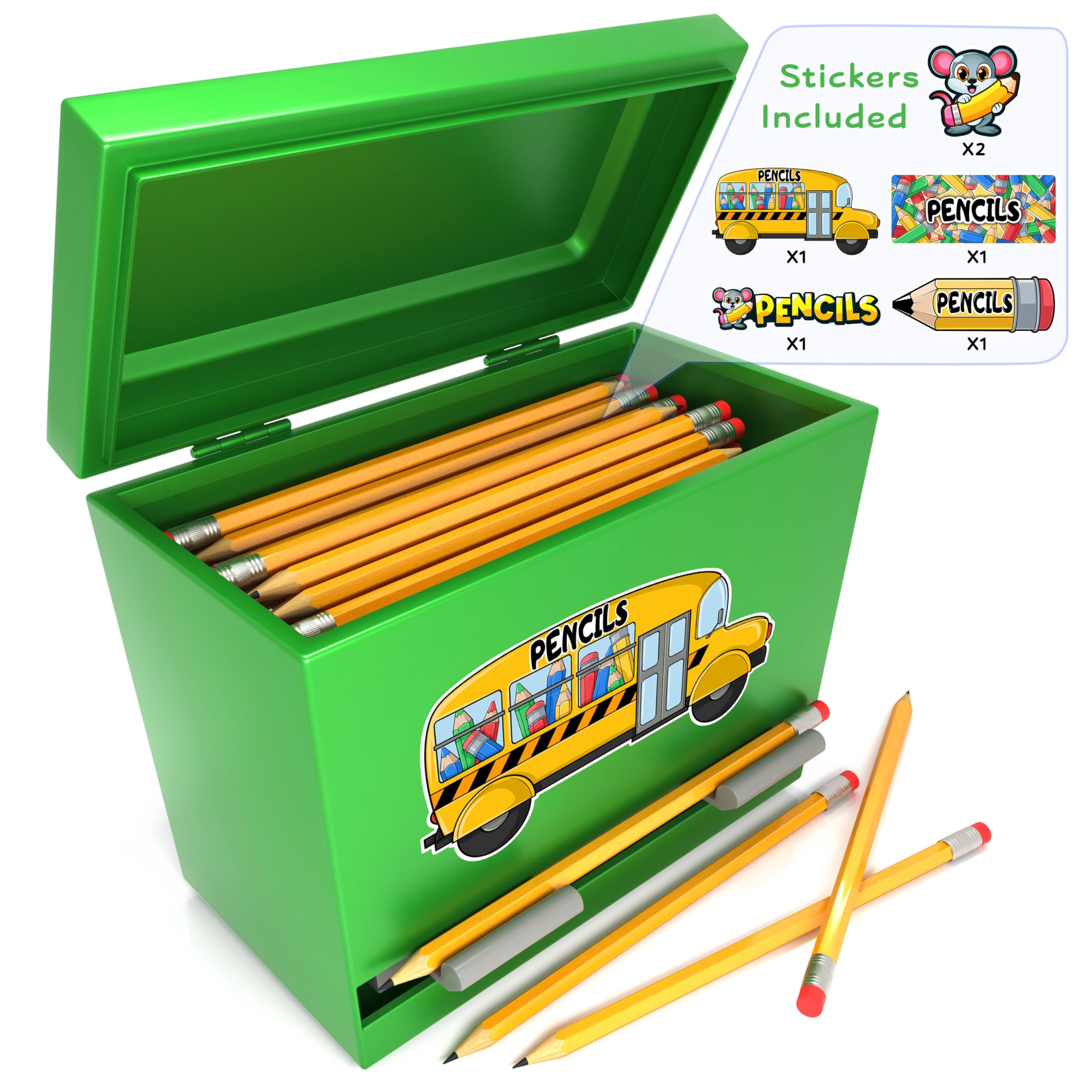 KIGGOS Portamatite, dispenser per matite in acciaio inox, colore verde, con 6 bellissimi adesivi per decorazione, dispenser per matite, per classe, casa, ufficio, insegnanti o studenti