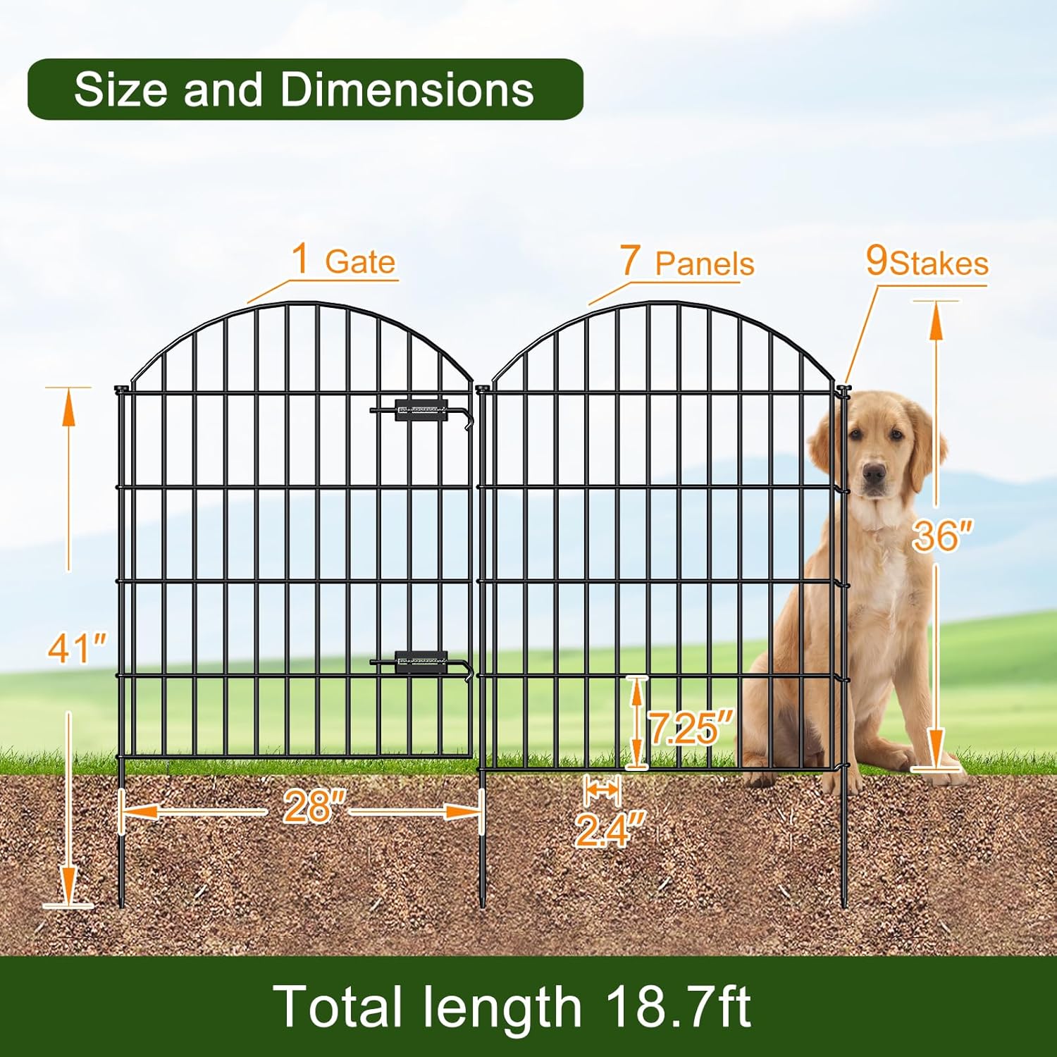 Diagram showing fence panel dimensions and stake insertion depth