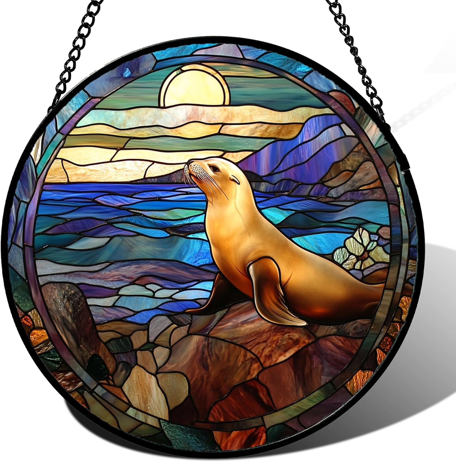 Stained Glass Window Hanging Blue Ocean Sunset Scenery Sea Lion Large 15" - Suncatcher Door Garden Sun Catcher Home Decor Birthday Mother's Day for Men Mom Woman Nana Wife