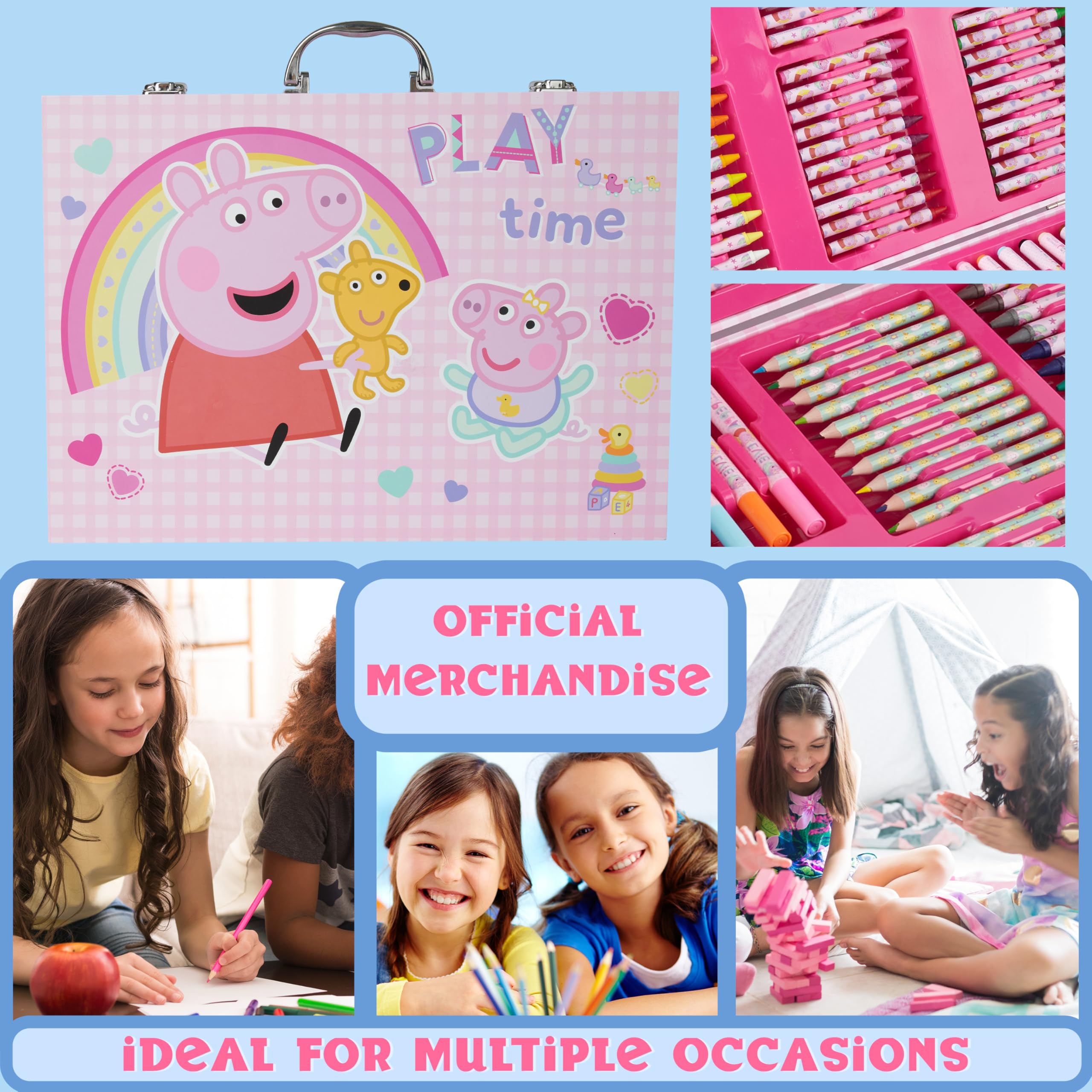 Peppa Pig Malkoffer Kinder Set, 137-Tlg. Buntstifte, Bleistifte, Wachsmalstifte, A4 Malpapier, Radiergummi & Mehr, Peppa Wutz Geschenke für Kinder
