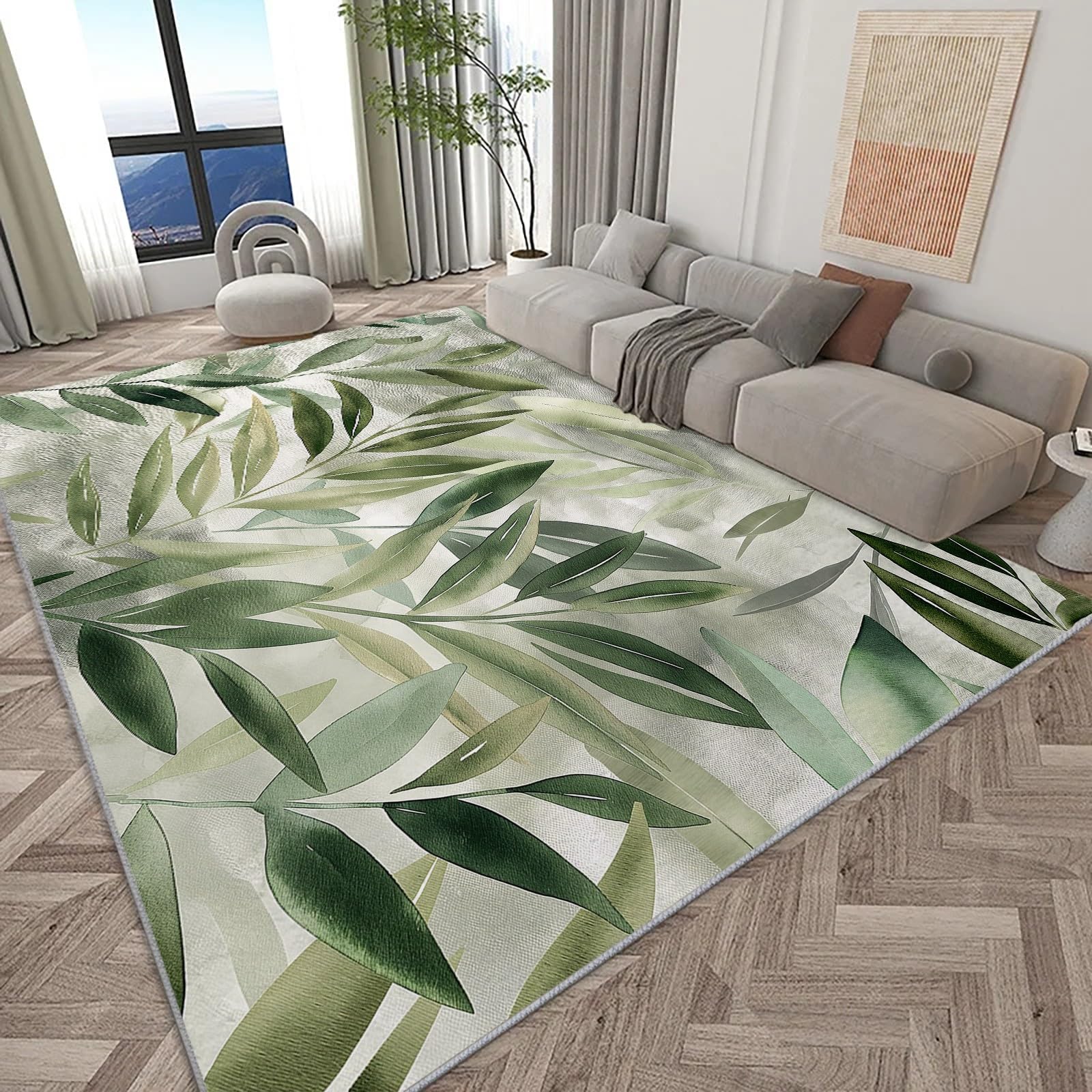 Générique Tapis Salon Lavable Jungle Feuilles Vert Sauge 80x150 cm Grand Tapis Salle a Manger, Moquette Chambre Descente de Lit, Tapis de Sol Lavable en Machine, Couloir, Antidérapant et Résistant