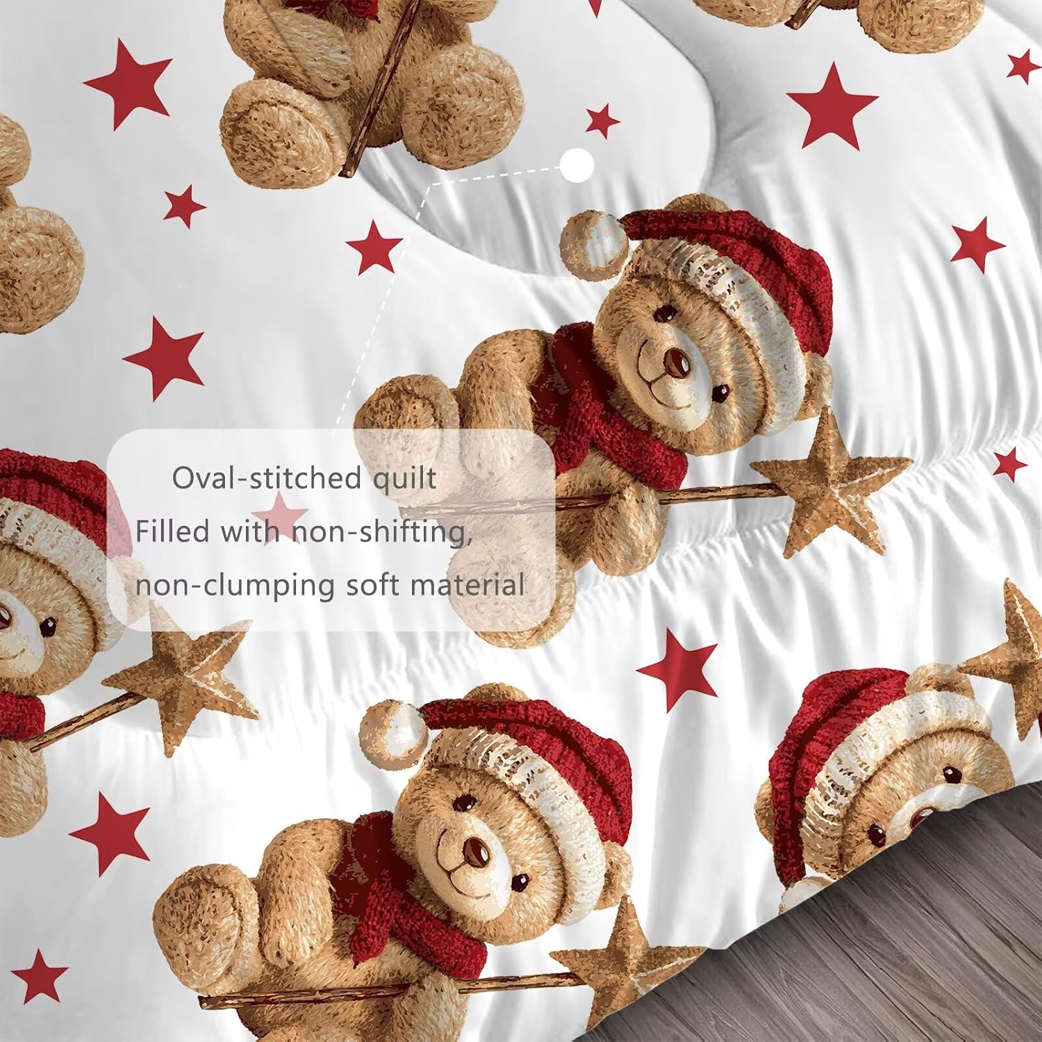 Teddy Bear Bedding Set Full/Queen Size, Christmas Comforter for Girls Kids Teens Women Star Cartoon Xmas Quilt Bed Sets Bedroom Decor, 1 Comforter 2 Pillowcases