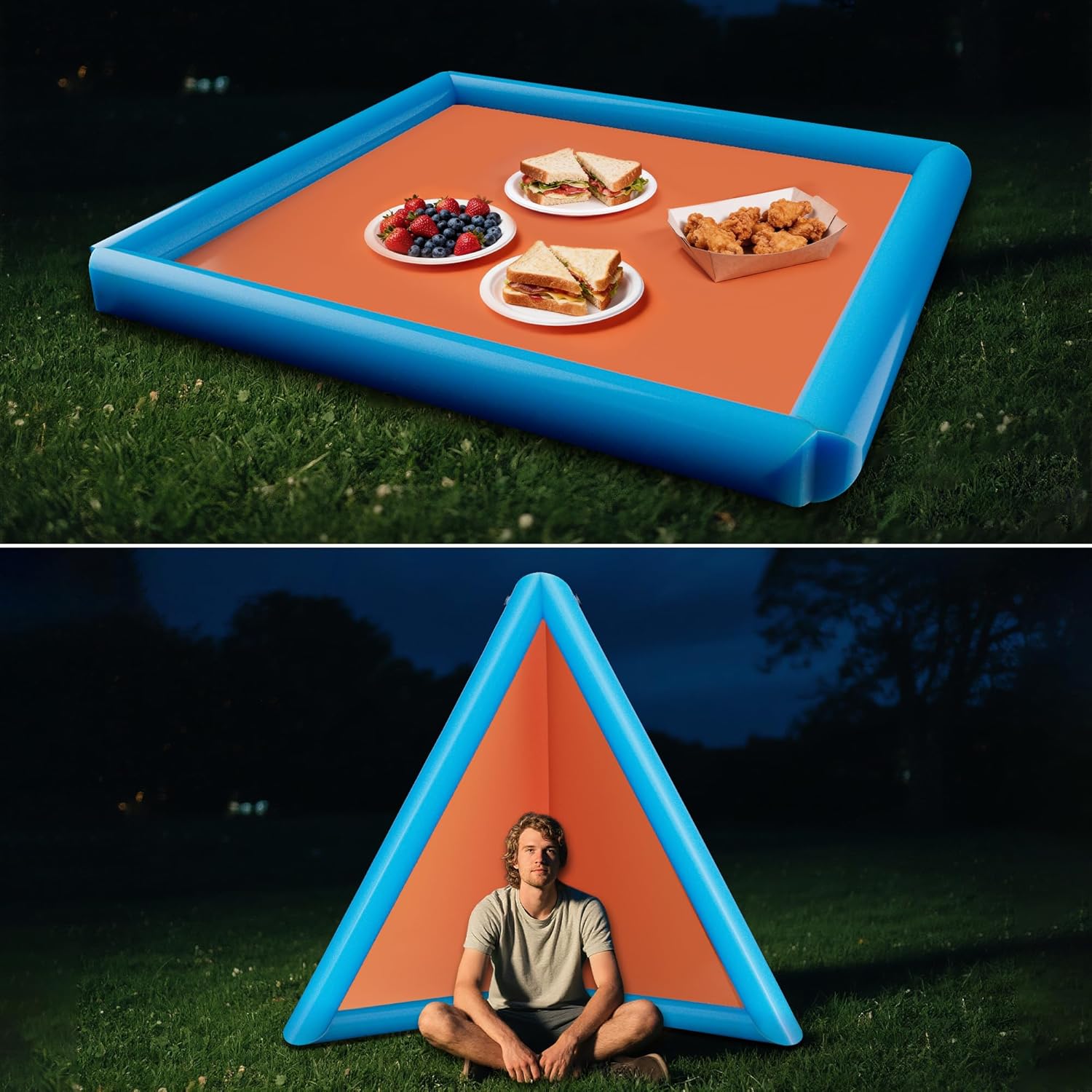 2-in-1 Sand Free Beach Blanket & Tent - 79"x83" Waterproof Picnic Blanket with Inflatable Pillows, No Pump Quick Inflation, Fits 6-10 Seated/4-6 Reclined for Family Camping Travel Backyard