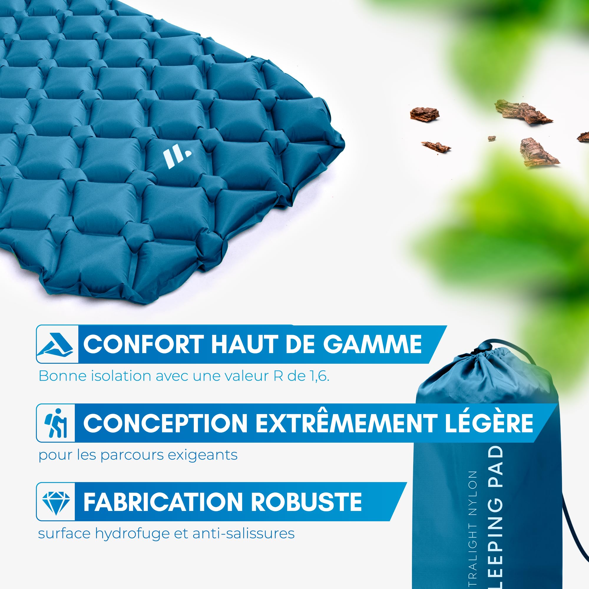 NORDMUT® Tapis de Couchage Ultraléger [avec Kit de Réparation] – Matelas de Camping Gonflable, Petit Format – Tapis Outdoor Imperméable pour Tente & Festivals (Bleu)
