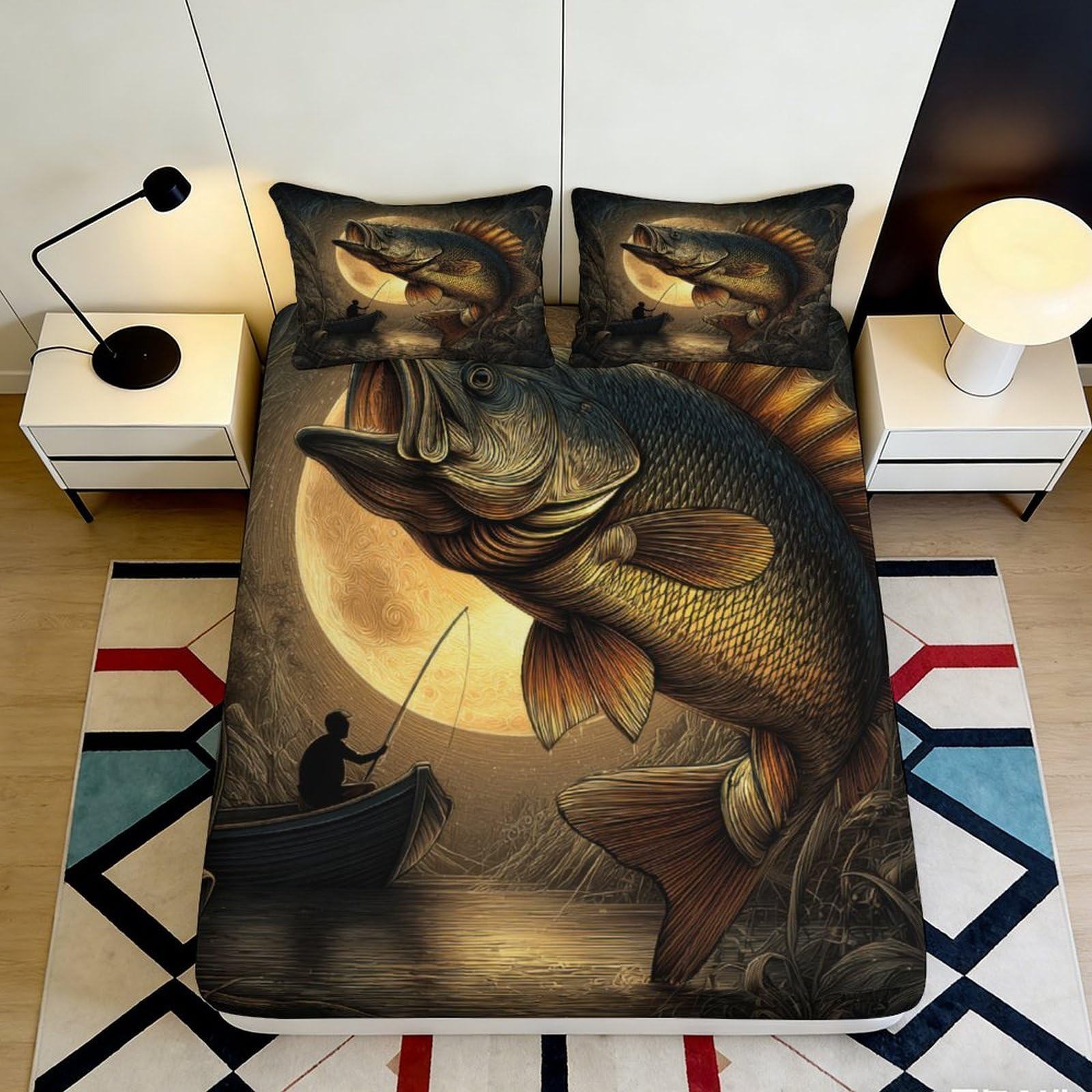 3D Printed Fishing Bass Fitted Sheet Microfiber Soft Breathable Night Moon Bed Cover for Bedroom Dormitory Guest Room Mattress Protection Decor 200x200x25cm