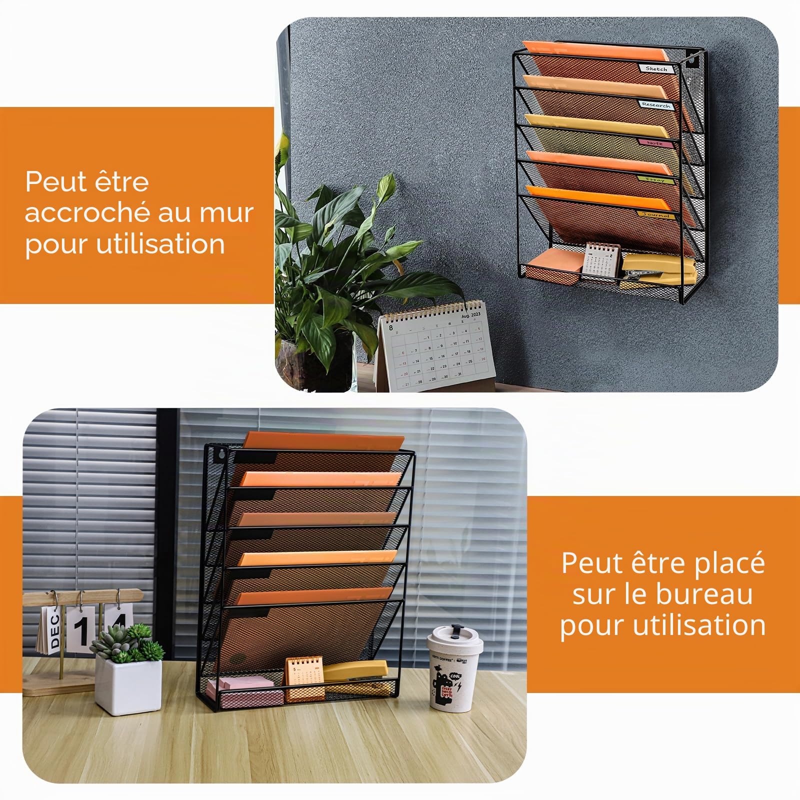 Porte-documents mural à 6 niveaux A4 à suspendre - En maille métallique durable - Porte-revue mural de bureau à 6 niveaux-Organisateur de courrier, Grand Trou de Maille, Noir