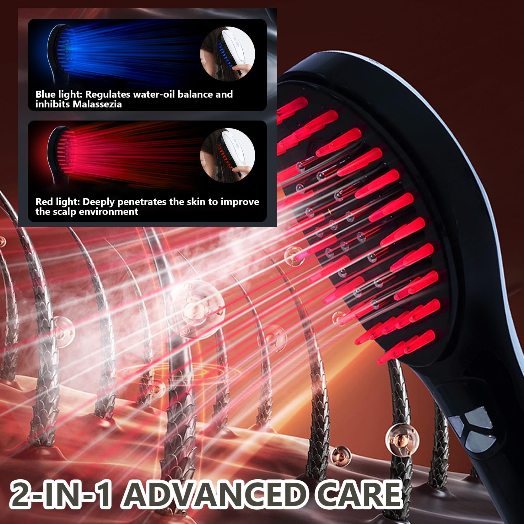 Masajeador eléctrico del cuero cabelludo con luz roja, cepillo para el crecimiento del cabello 2 en 1 con nanospray, rodillo de microcorriente EMS y vibración para el cuidado y relajación cuer