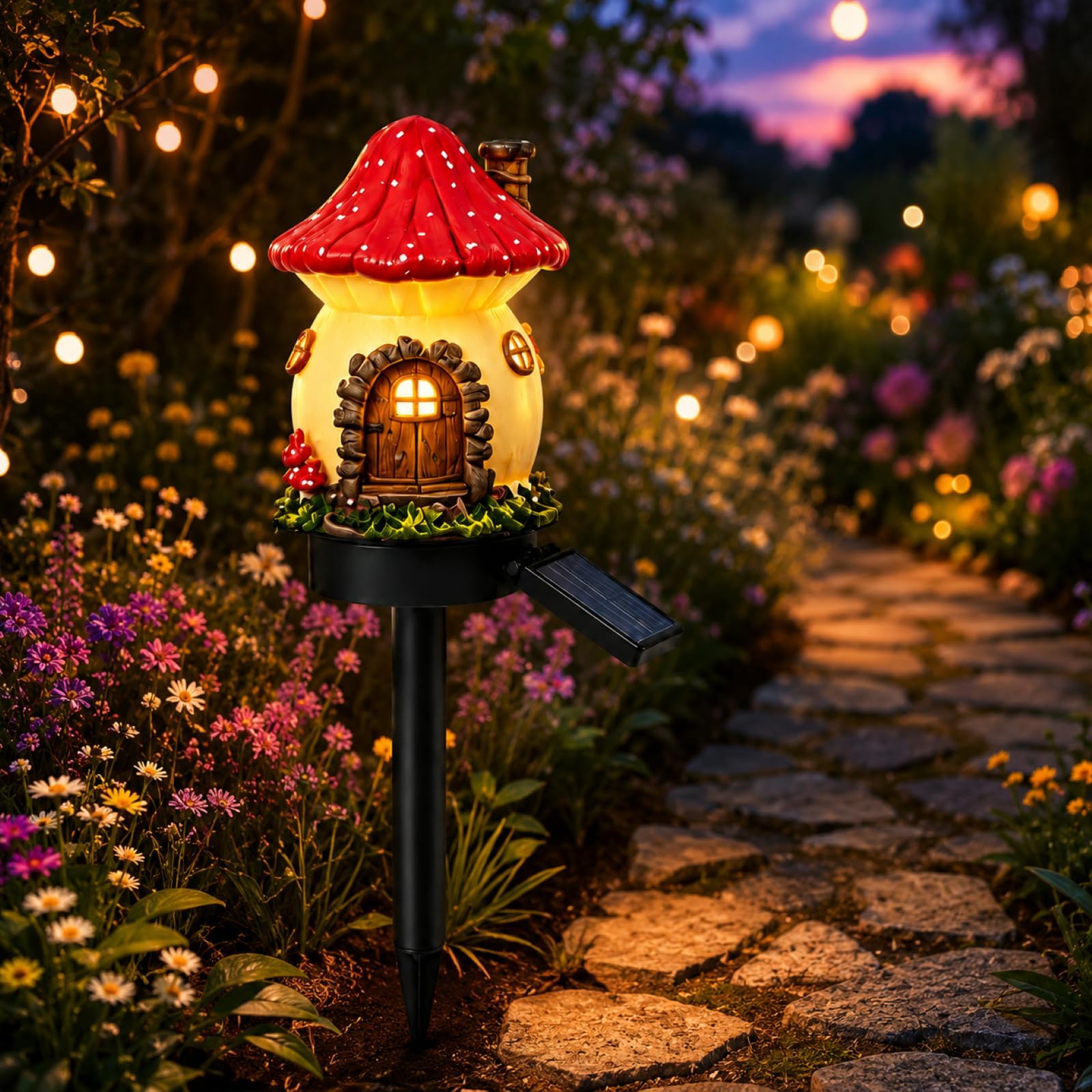 Mushroom Solar Lights Outdoor, Solar Fairy-Tale Mushroom Cottage Garden Light, Fairy Cottage Solar Garden Stake Lights, Mushroom Solar Lights Outdoor Waterproof, Patio Lawn Flower Bed Walkway Decor