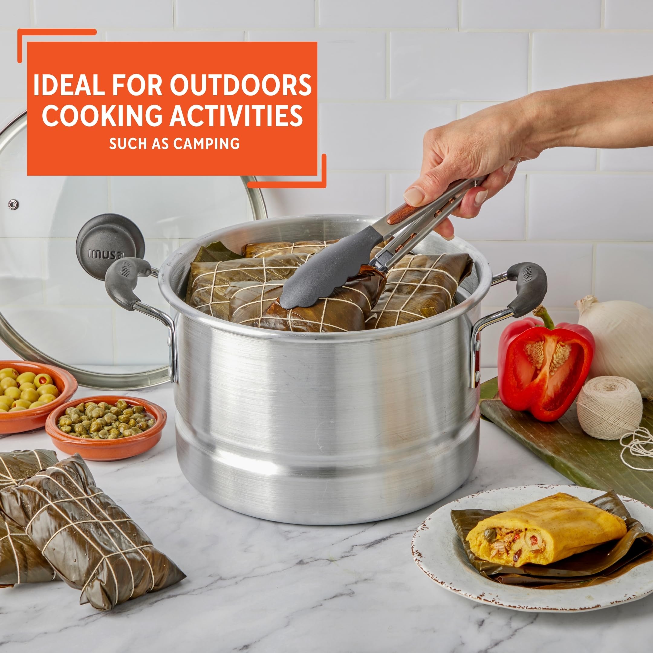 Imusa 10 Quart Aluminio Cool Touch Accesorio para cocinar al Vapor con Tapa de Cristal, Color Plateado