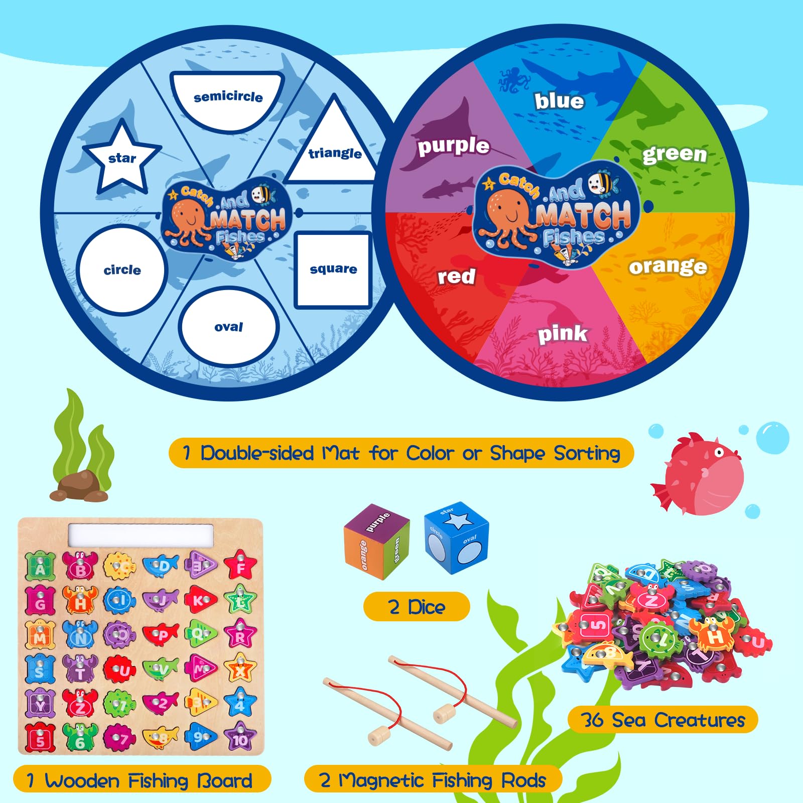 Plunack Alphabet Fishing Game - Wooden ABC Letter Puzzle for Toddlers 3-5 Years Old, Fine Motor Skills Toy, Birthday Gift for Kids