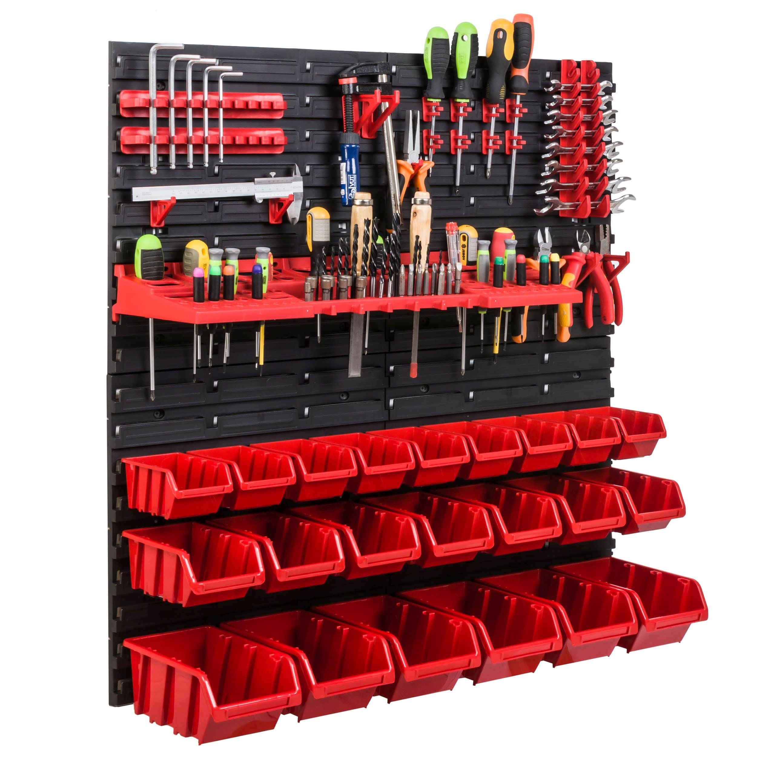 Scaffale da officina, 78 x 78 cm, 22 pezzi, con supporti per attrezzi e scatole impilabili, pannelli da parete, scaffali extra resistenti, per riporre oggetti e garage, scaffali