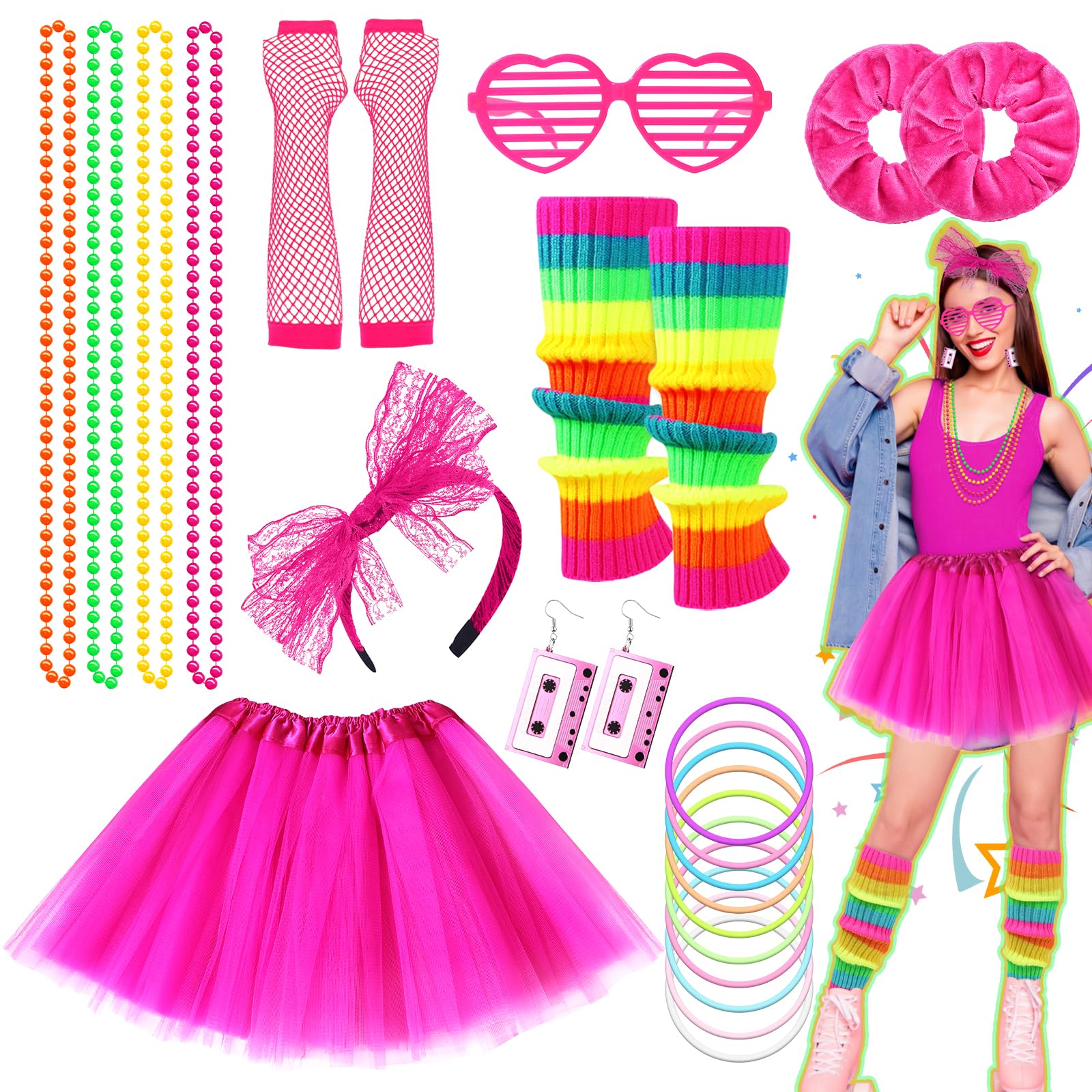 22 Pcs 80s Fancy Dress for women, 1980s Retro Costume Outfits Accessories Set Includes Tutu Skirt Necklace Leg Warmers Gloves Earrings Lace Headband Glasses Bracelets Hair Ties for 80s 90s Neon Party