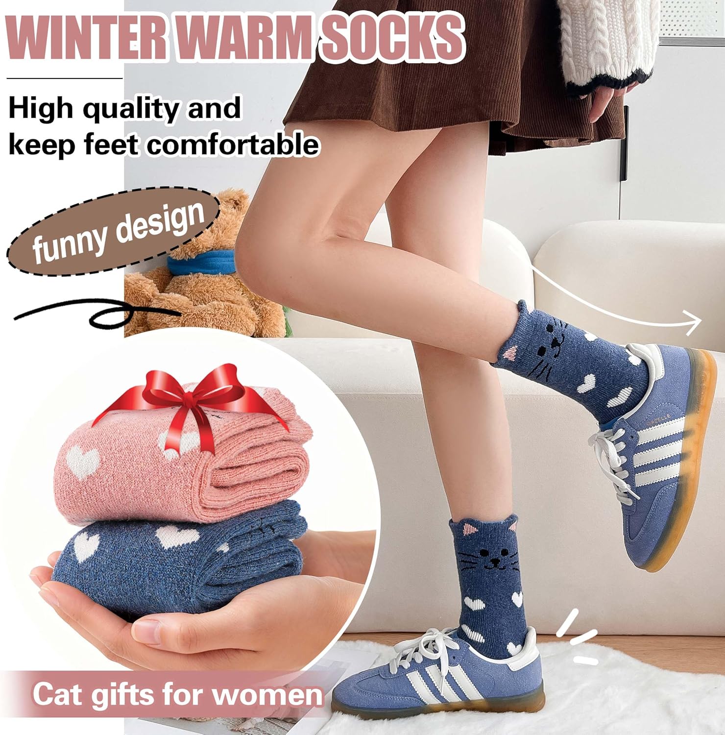 EBMORE Merino Wool Cat Socks for Women Thermal Winter Warm Thick Cute Fun Cozy Crew Socks 5 Pairs - Image 4