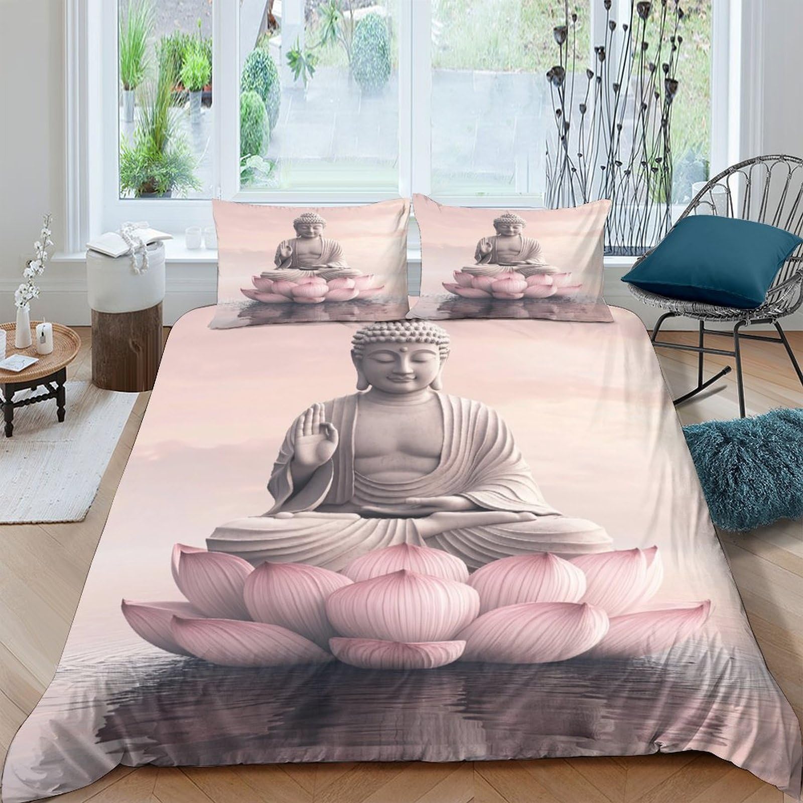 GPLZQXKJNH 3D Printed Buddha Lotus Duvet Cover Microfiber Soft Pink Zen Bedding Set with 2 Pillowcases for Bedroom Home Decor Single（135x200cm）