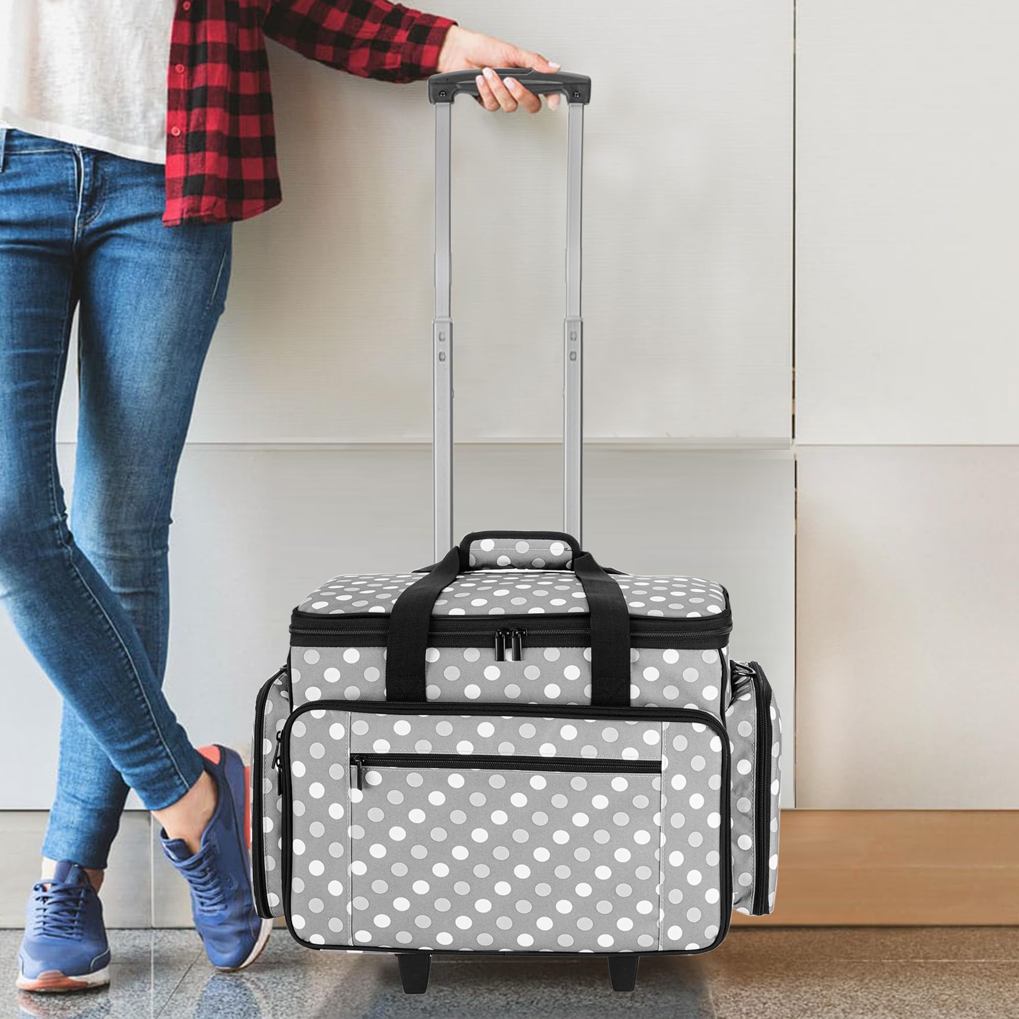 Luxja Borsa per Macchina da Cucire con Trolley Staccabile, Borse da Trasporto Macchine da Cucire (Adatto per la Maggior Parte delle Macchine da Cucire), Puntini Grigi