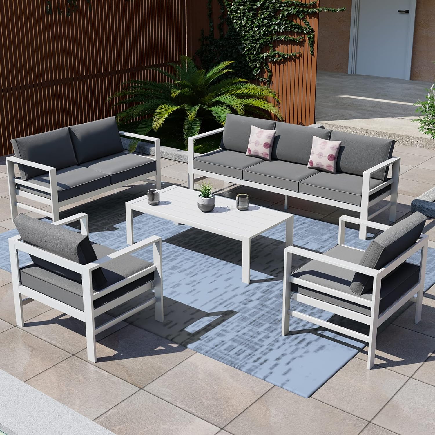 Auzfy Cast Aluminum Outdoor Patio Furniture Set, 5 Pieces White Outdoor Conversation