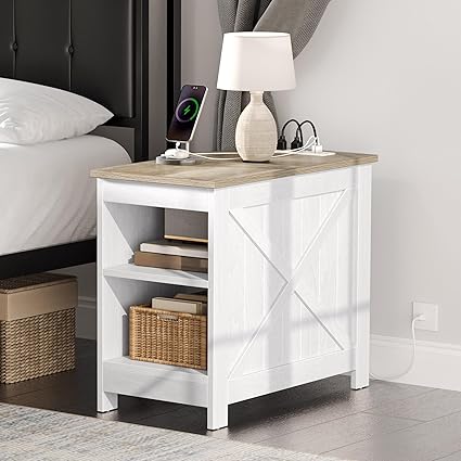 GOOBED Farmhouse Nightstand with Charging Station, Beside Table with Storage, Night Stands for Sleeping Room, Living Room, Oak White