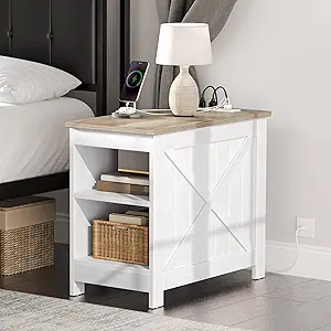 GOOBED Farmhouse Nightstand with Charging Station, Beside Table with Storage, Night Stands for Sleeping Room, Living Room, Oak White