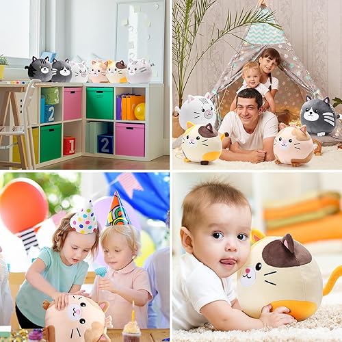 Miniatura 5 de Lenwen 6 almohadas de felpa de gato de 8 pulgadas, lindos animales de peluche a granel, suaves y adorables, redondos, decoración de felpa para