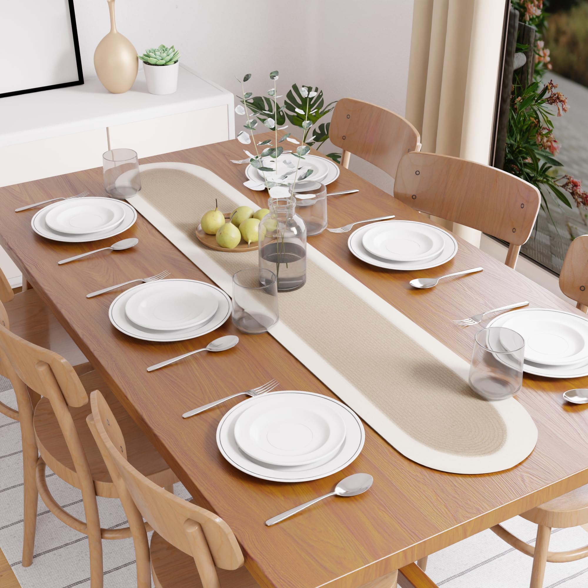 Encasa XO Dining Table Runner, Beige & Off White, 30x137 cm - Image 3