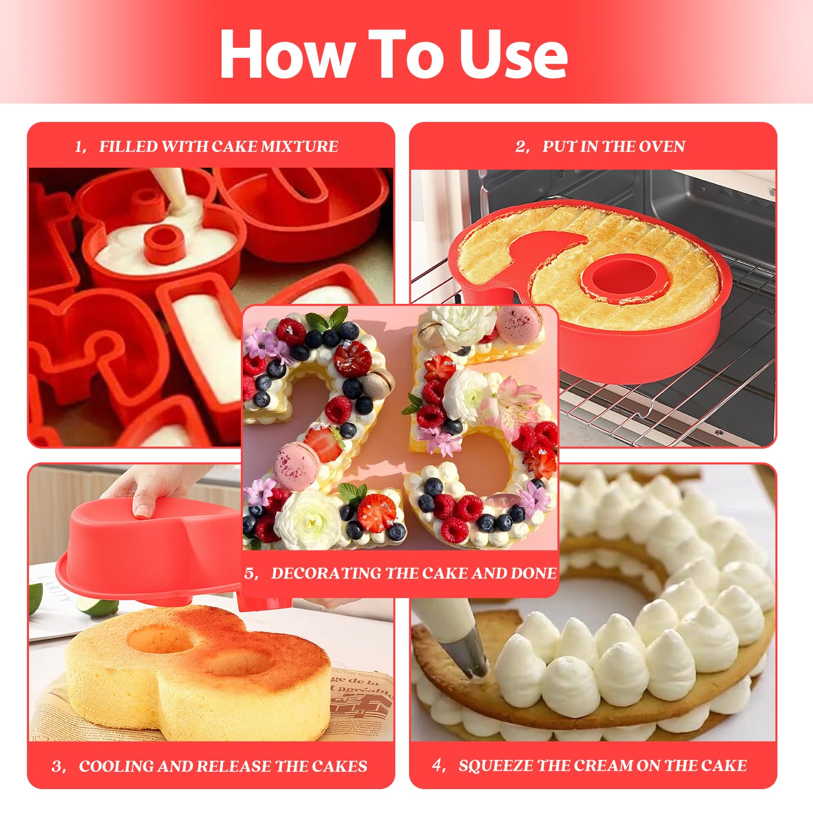 Kuchenform Zahlen, 9 Stück 10 Zoll Number Cake Backform, Großes Silikon Zahlenbackform Zahlen kuchenform Zahlen Backform Zahlentorte für Backen(0-8)-Rot
