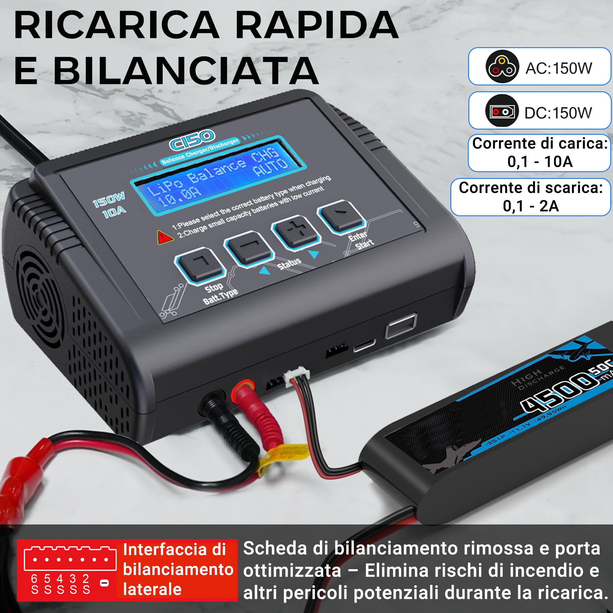 HTRC C150 Caricabatterie Lipo 150W 10A – Caricabatterie RC e Bilanciatore Batterie per LiHV/LiPo/Li-Ion/LiFe (1-6S), NiMH/NiCd (1-15S), PB (2-20V) – AC/DC, Display LCD, 20 Memorie