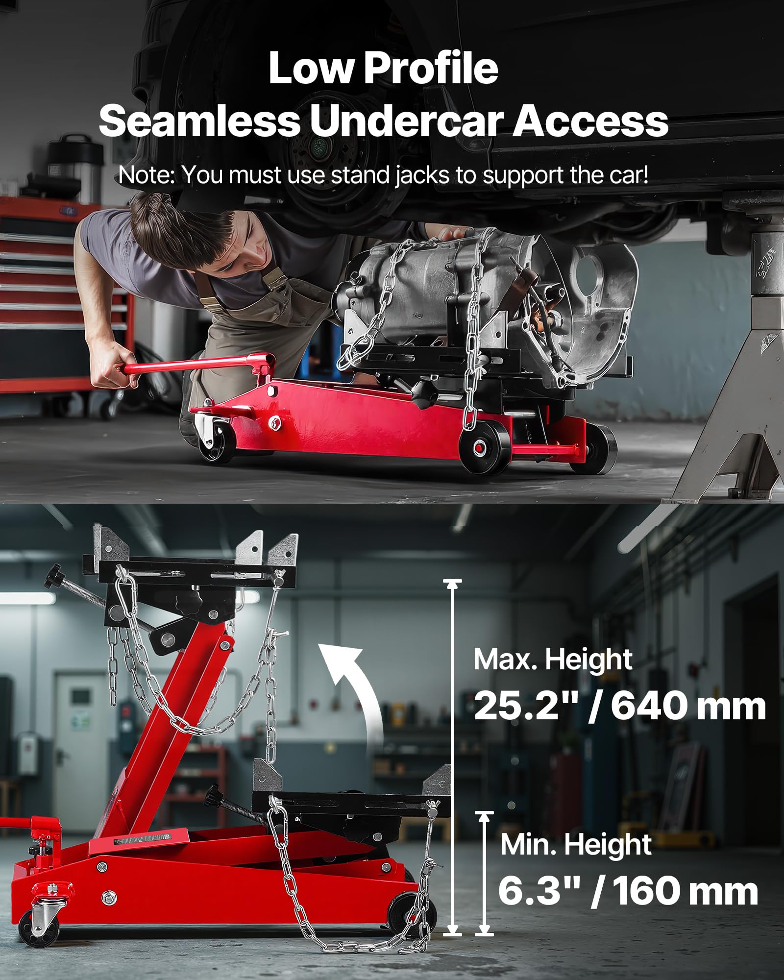 VEVOR Wagenheber mit niedrigem Profil 450 kg, hydraulischer Rangierwagenheber mit 16–64 cm Hubhöhe & flexiblen 360°-Schwenkrädern, Hochleistungs-Hebebühne für Garage/Werkstatt Rot