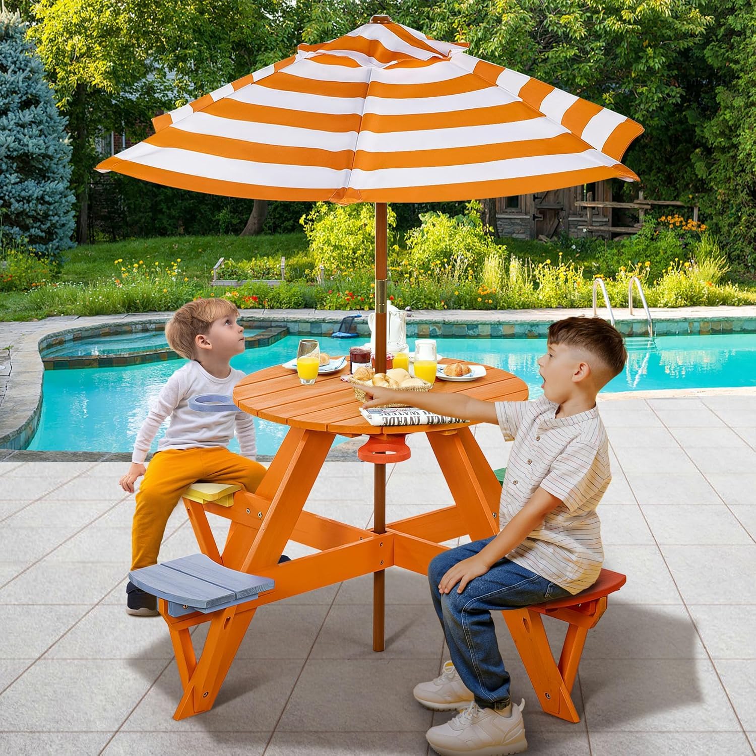 BRINJOY Kindersitzgruppe, Kinder Picknicktisch mit Bänke, Kissen & Sonnenschirm höhenverstellbarem, Kindersitzgarnitur aus Holz, Sitzgarnitur, Sitzgruppe Outdoor, Kinder gartenmöbel (Orange)