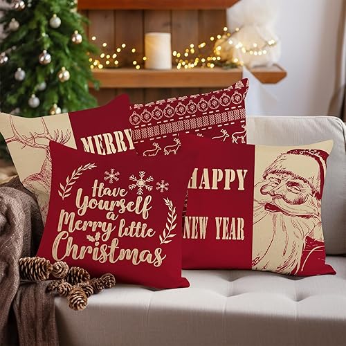 Miniatura 2 de Juego de 4 fundas de almohada decorativas de Navidad rojas de 18 x 18 pulgadas, fundas de cojín de renos de Papá Noel, feliz año nuevo, juego de 4
