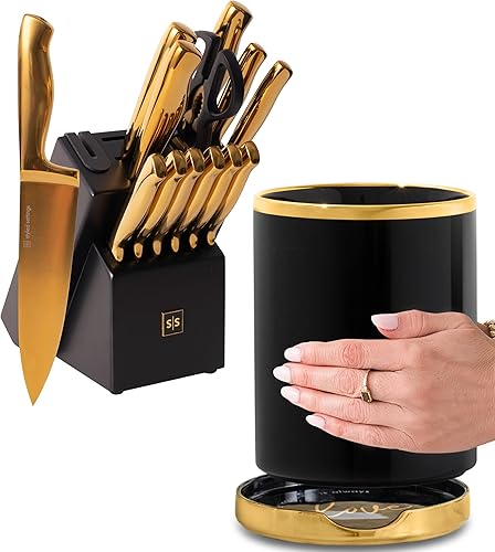 Juego de cuchillos negros y dorados con bloque autoafilable y soporte para utensilios con soporte de cuchara de cerámica, 16 piezas, accesorios de