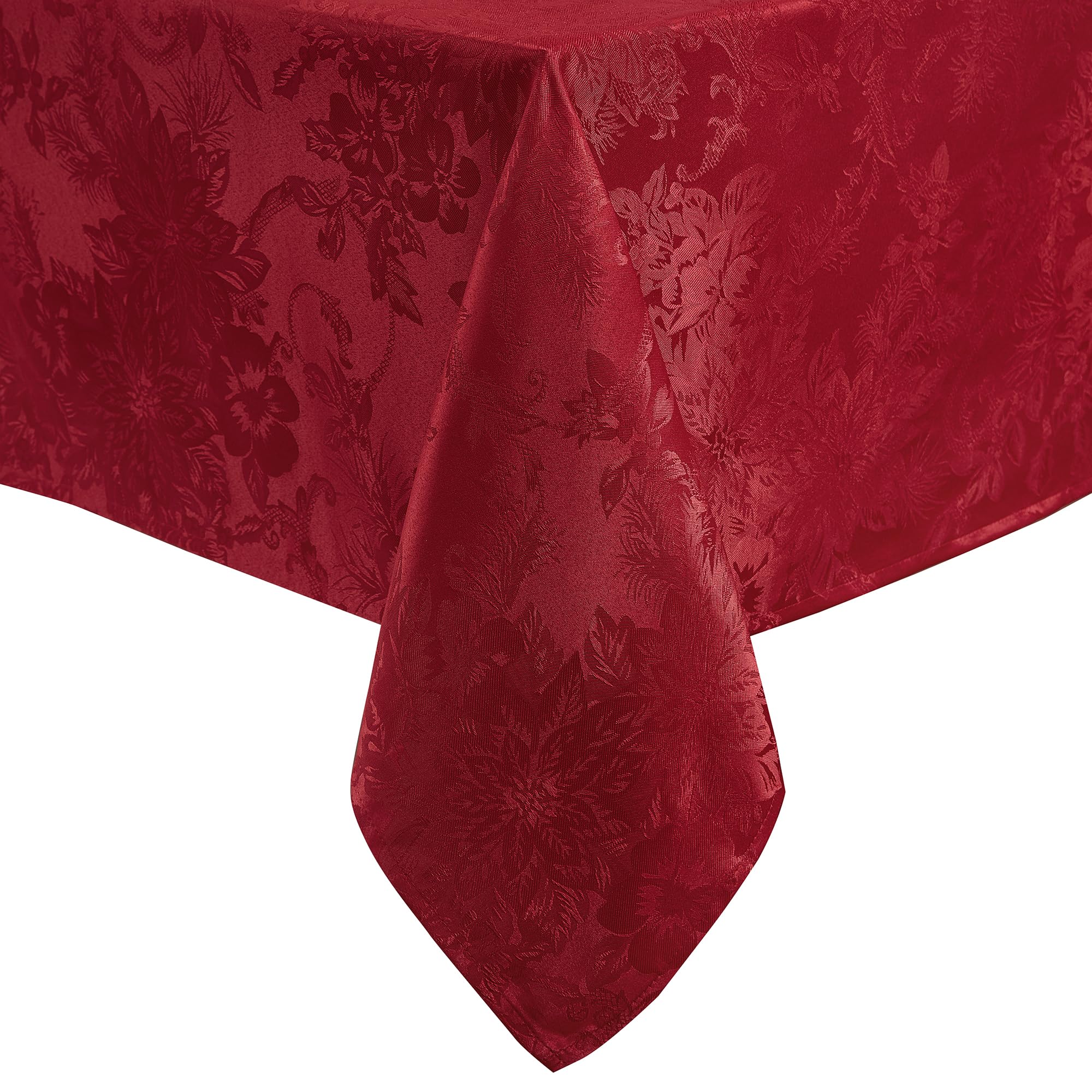 Elrene Home Fashions Poinsettia Elegance Jacquard Christmas/Holiday Waterproof Stain Resistant Dining Tablecloth, 52"X70" Oblong/Rectangle, Red