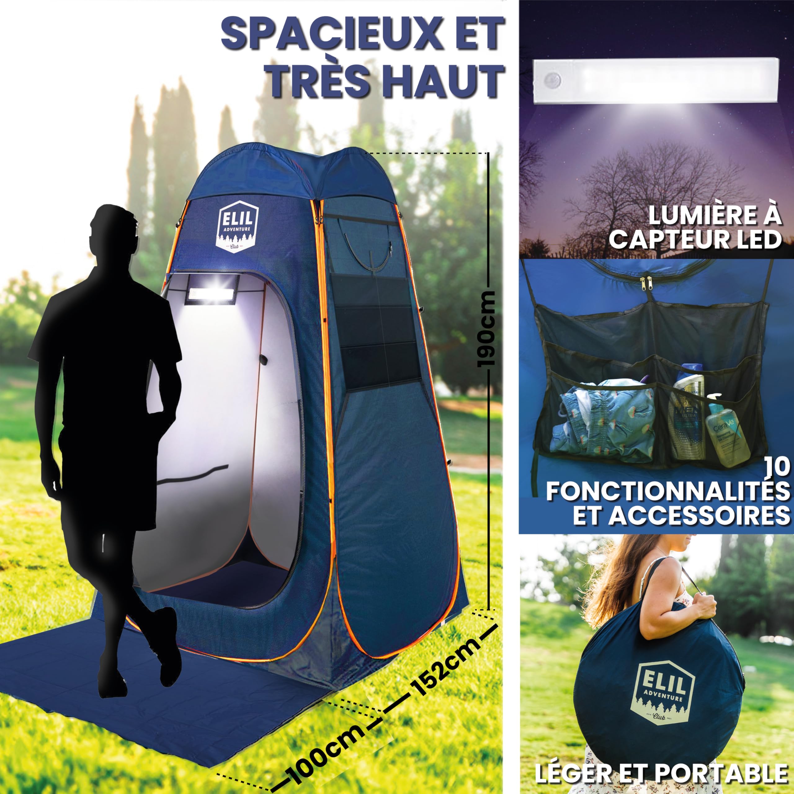 Tente de Douche de Camping Avec Capteur Lumineux LED de 1,9 m - Grande, Facile à Déplier, Pop-Up - Pour Intimité et Changement de Plage