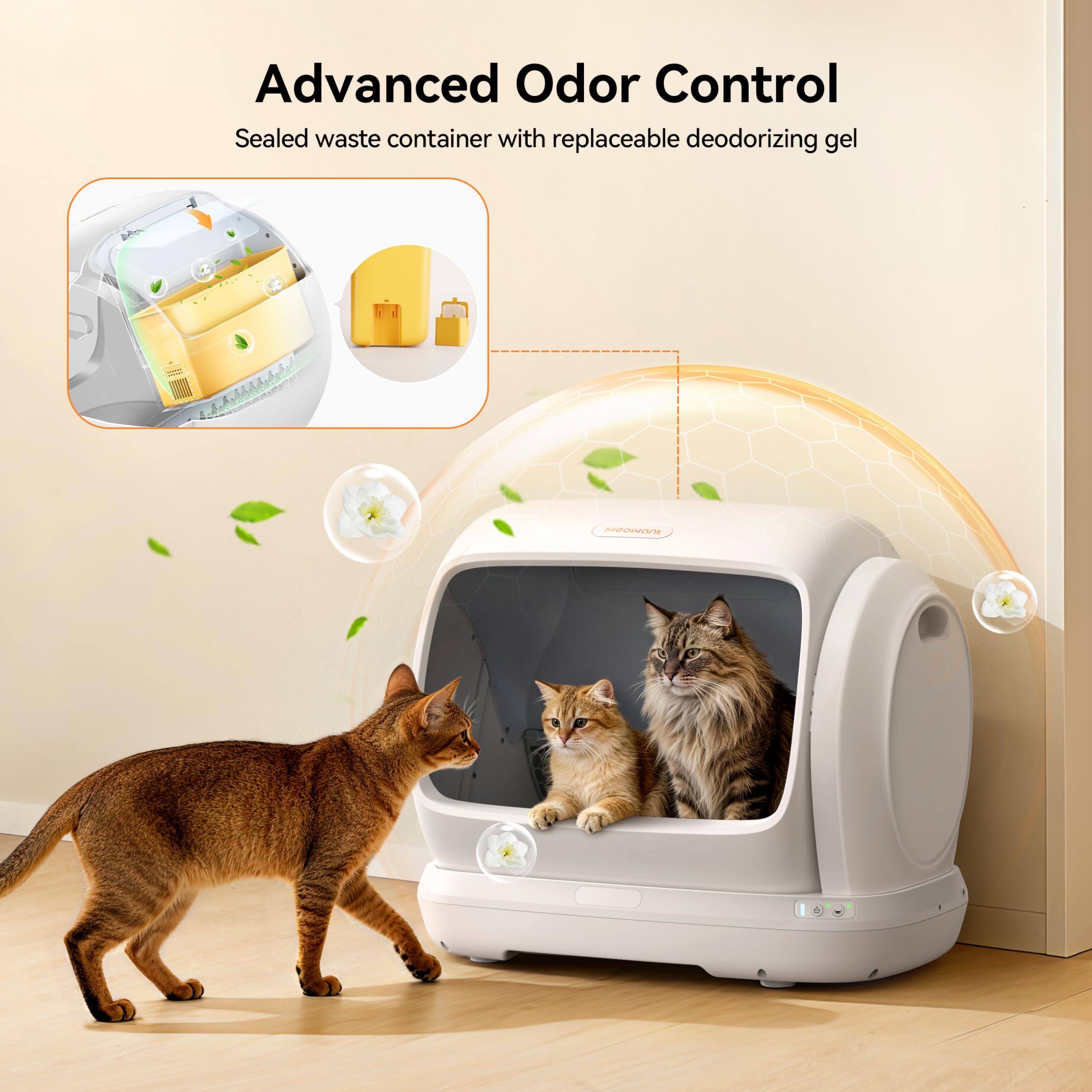 MeoWant Arenero Gatos Autolimpiable 106L, Extra Grande, Entrada Baja, Sensor de Seguridad, Antipinzamiento,Control Mediante App, Libre de Olores, Arenero Automatico XXXL Ideal para Múltiples Gatos