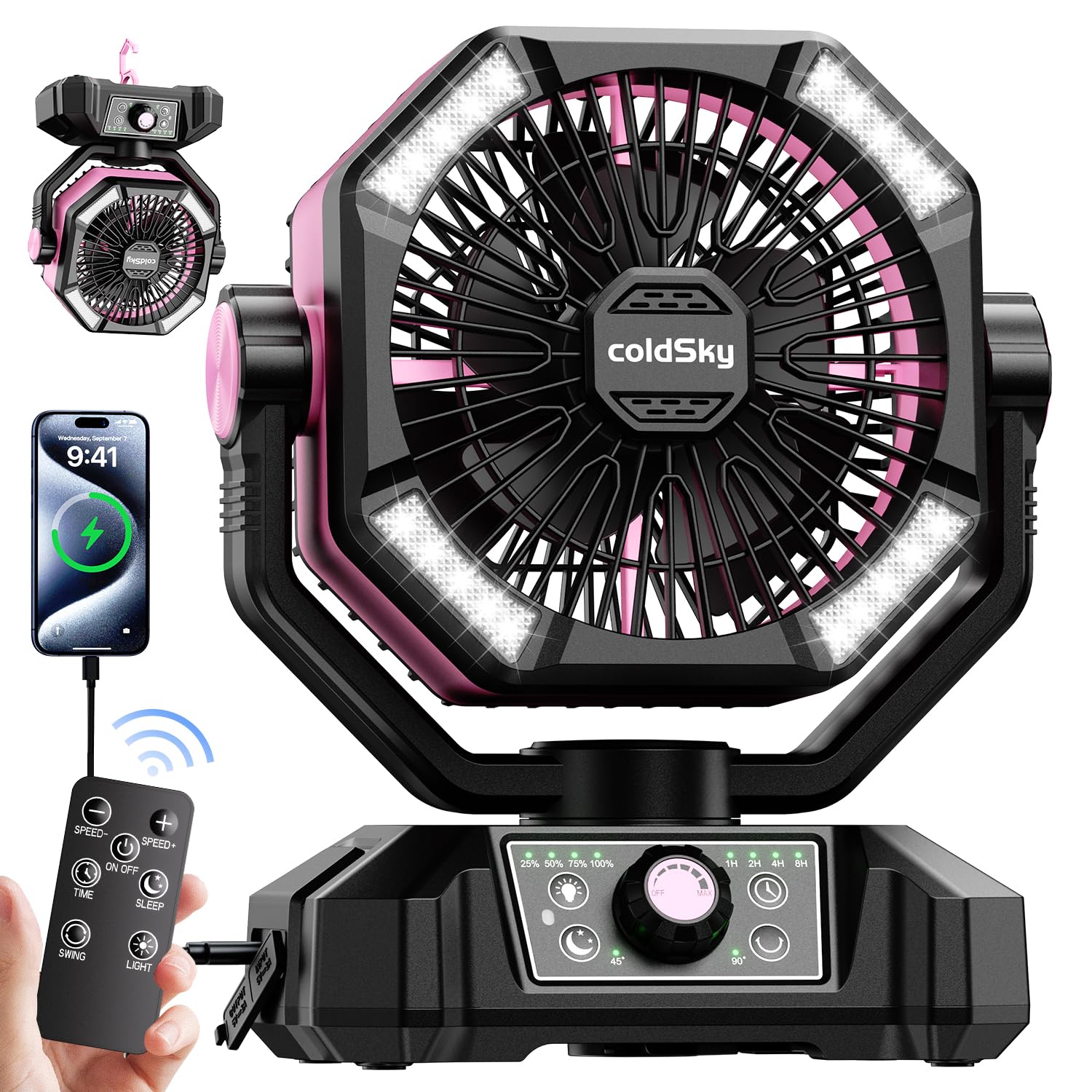 coldSky 𝟮𝟬𝟬𝟬𝟬𝗺𝗔𝗵 Camping Fan with Dual Motor, Battery Operated Fan with 4 LED Lantern, 8 Speeds Desk Fan with Remote, Portable Outdoor Fan