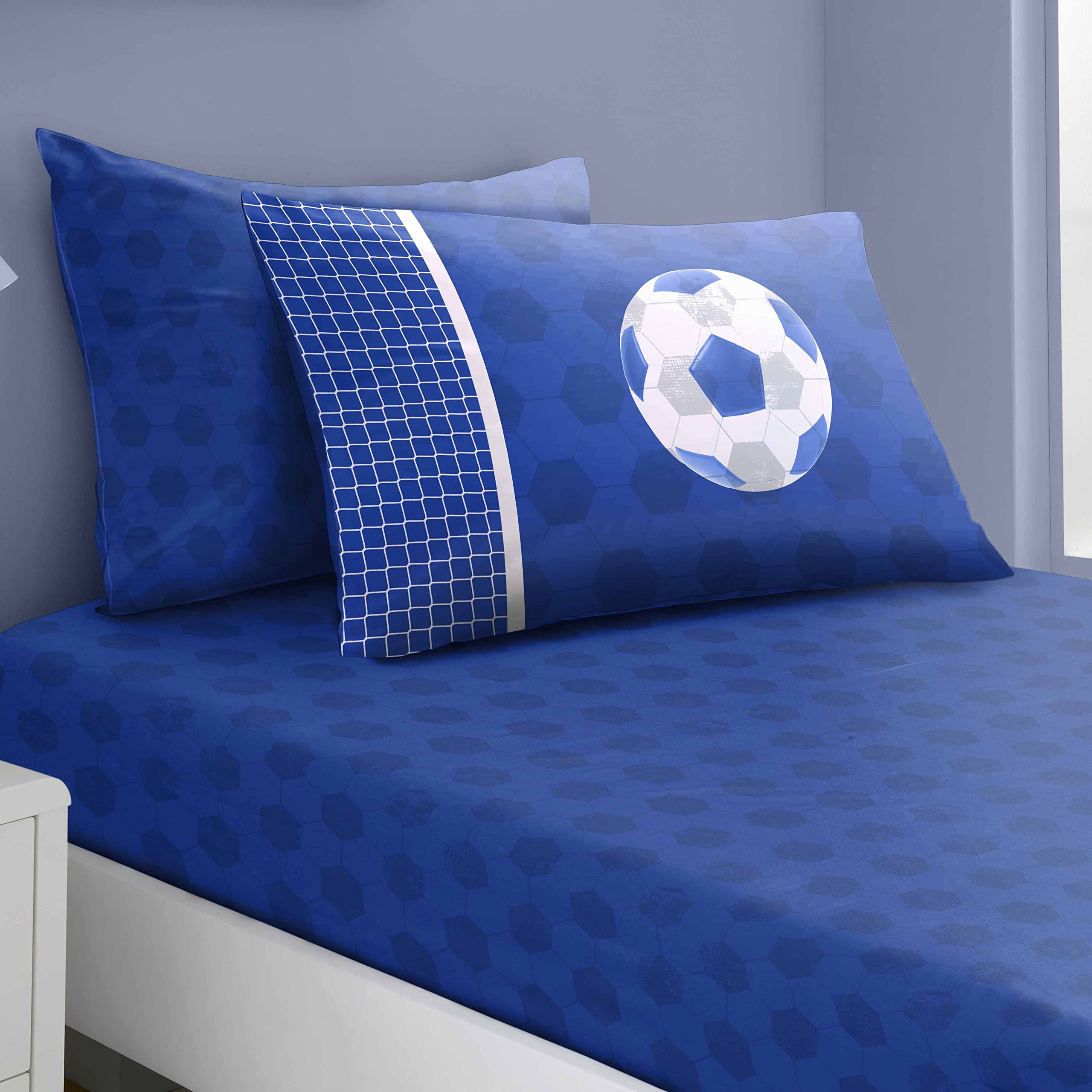 GC GAVENO CAVAILIA Easy Care Football Double Sheet Set, Polycotton Kids Fitted Sheets With Pillow Cases, Blue