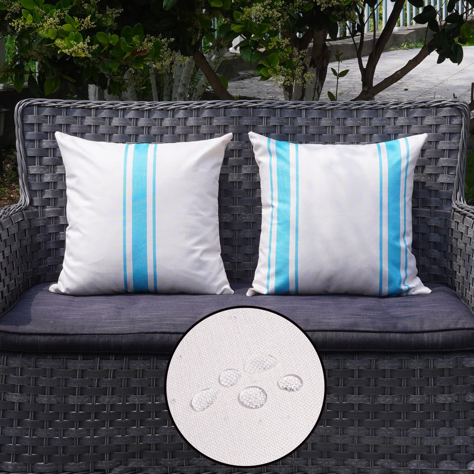 ONWAY Outdoor Pillow Covers Waterproof 18x18 Set of 2 Decorative Linen Throw Pillow Cover Beige and Blue Striped Outdoor Pillows for Patio Furniture