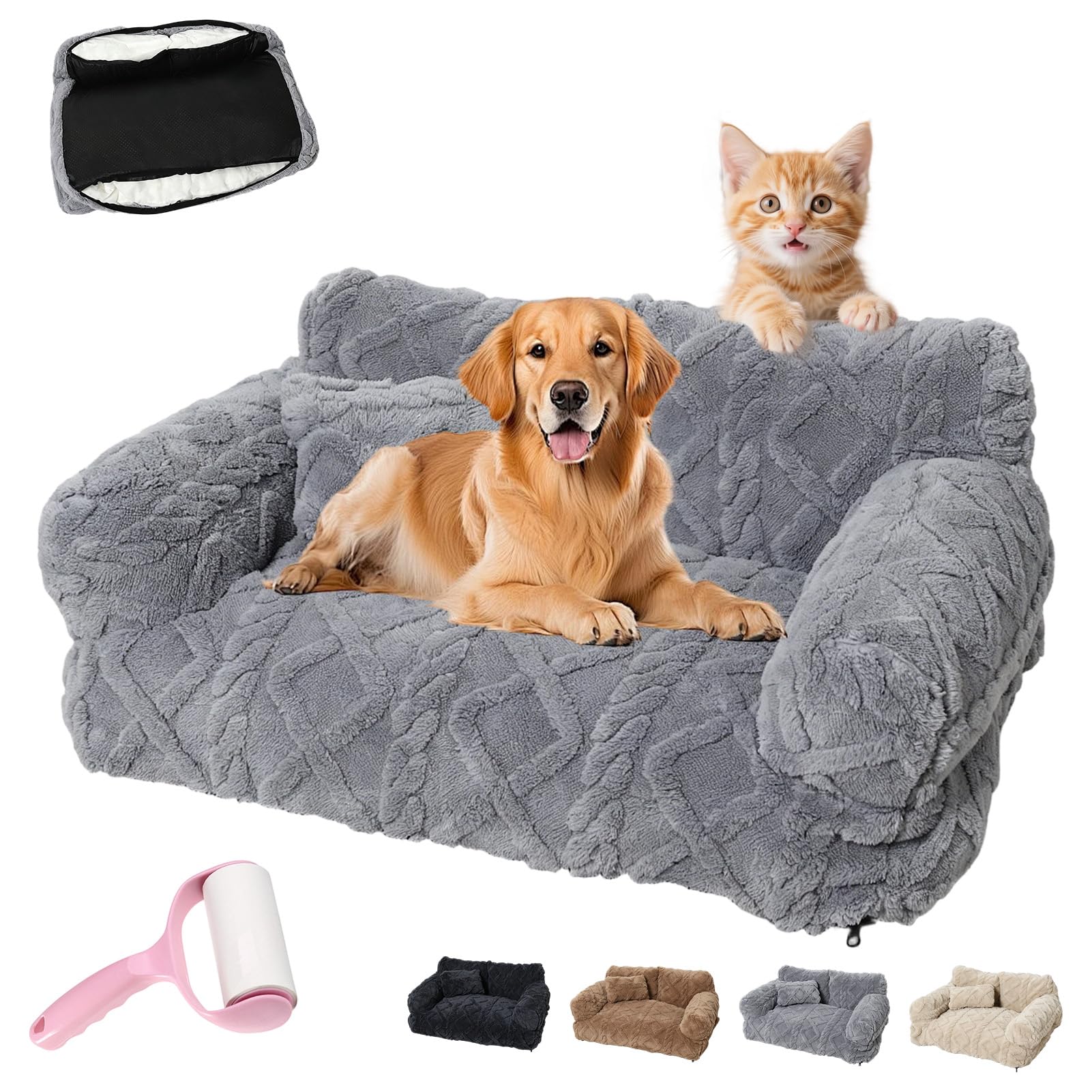 Ruhemeister Pro Plush Calming Pet Sofa Bed, Sofa Dog Bed, Cat Sofa, Anxiety Relieving Bed with Removable Washable Cover & Anti-Slip Base for Dogs and Cats (Light Gray,3XL)
