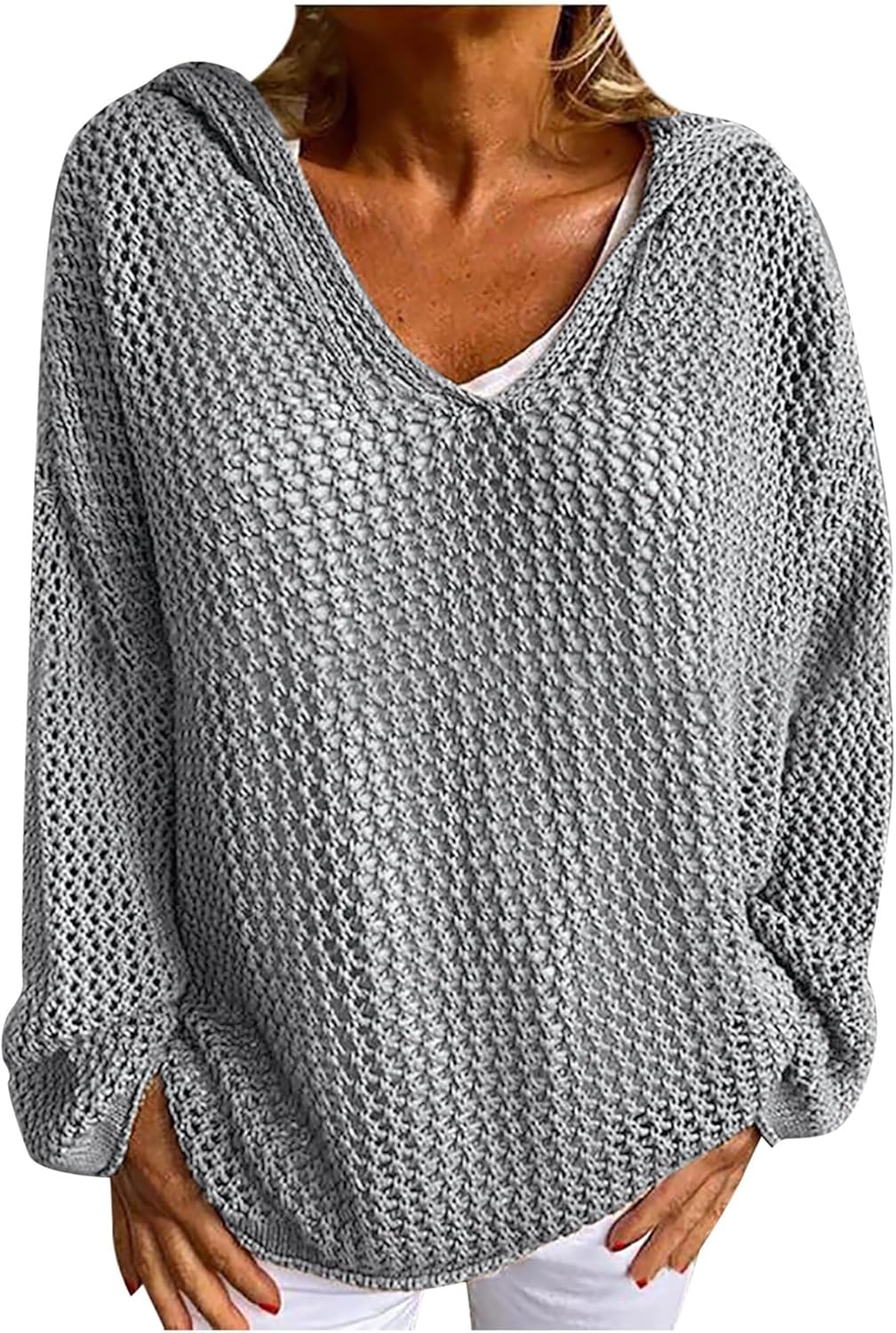 CORIRESHA Women's Hollow Out Knit Hoodies Sweater Long Sleeve Crochet Top Beach Cover Up