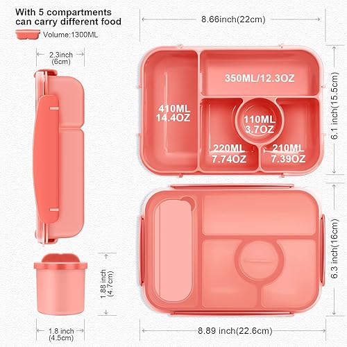 Miniatura 4 de Lonchera Bento para Adultos y Niños, Recipientes para Almuerzo para AdultosNiñosNiños Pequeños, Lonchera Bento de 5 Compartimentos con Envases para