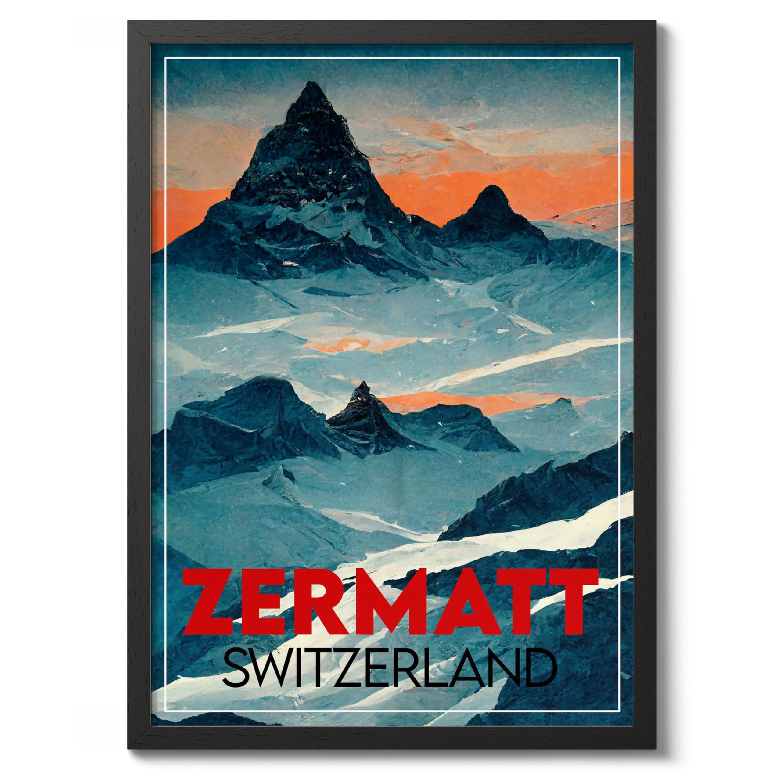 Zermatt, Switzerland Vintage Skiing Poster, Minimalist Wall Art, Mountain Travel Prints, Snow, Ski Trip Home Decor, A3 (Black Frame) - 45x32.8cm