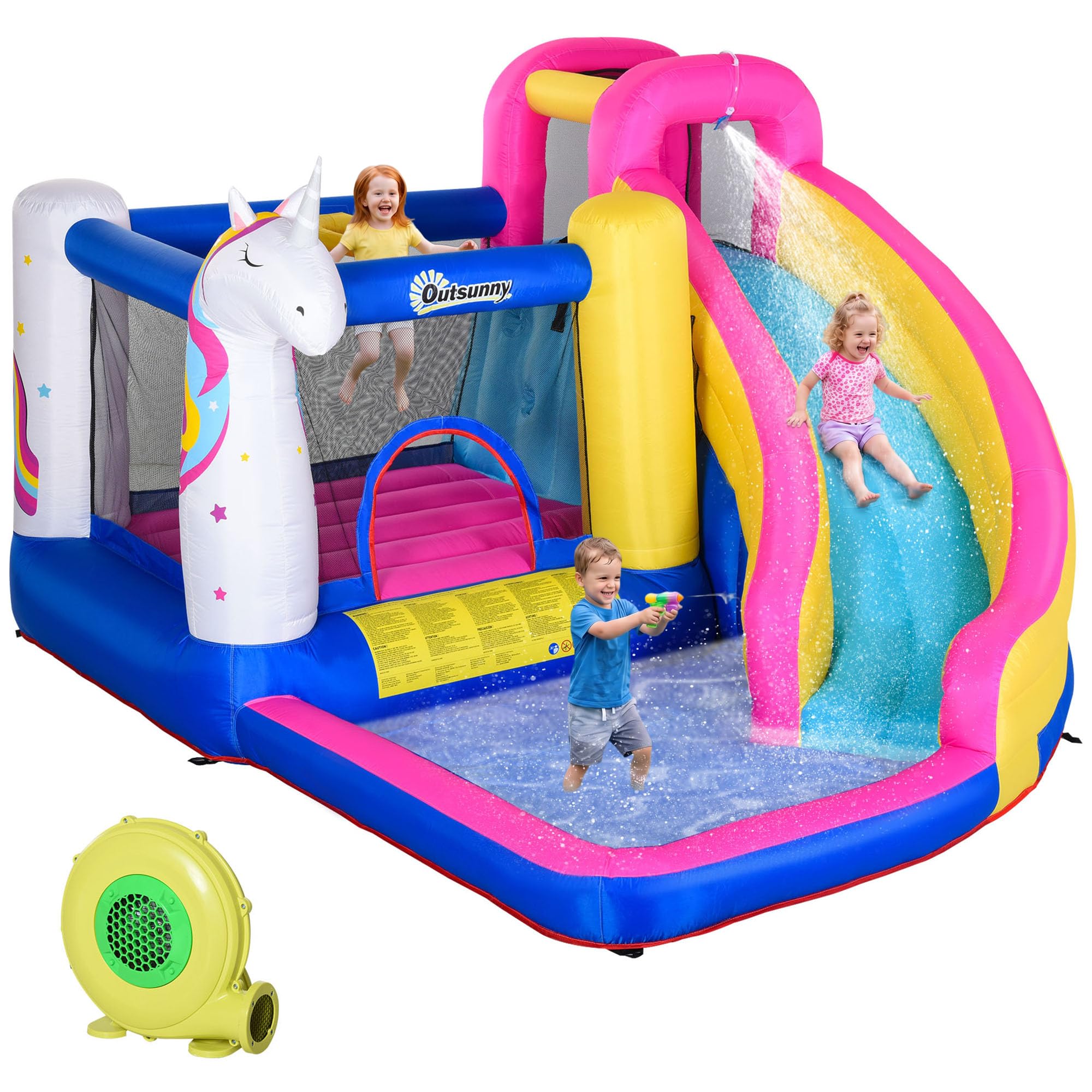 Outsunny Inflatable Castle for Children Inflatable Water 360 x 305 x 210 cm | Unicorn Shaped, Slide, Pool, Jumping Bed, Inflator, Carry Bag, for 3-8 Years Old