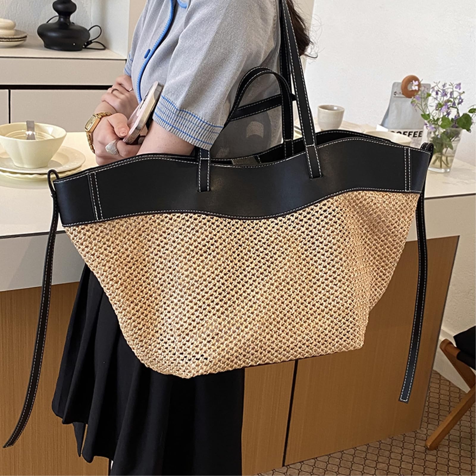 Borsa Spalla Paglia A in Rete Tessuta Impilata con Cinturine Doppia Maniglia per Passeggiate sul Mare Mercato di Acquisto Stoccaggio Giornaliero All'aperto-Large Brown-Large(Max Length>50cm)
