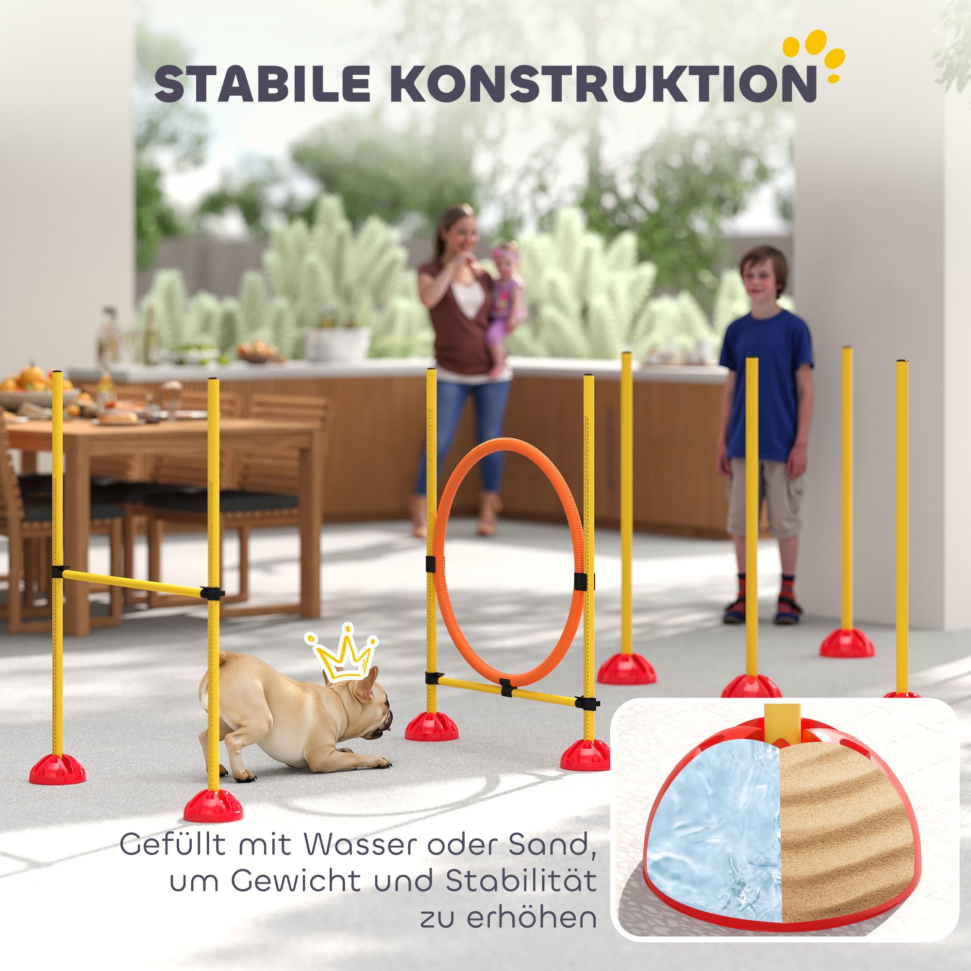 PawHut Set Agility Cani 4 pezzi riempibili per l'addestramento dei cani Set di ostacoli con pali per slalom, ostacoli regolabili in altezza, anello per il salto e la coordinazione per l'addestramento