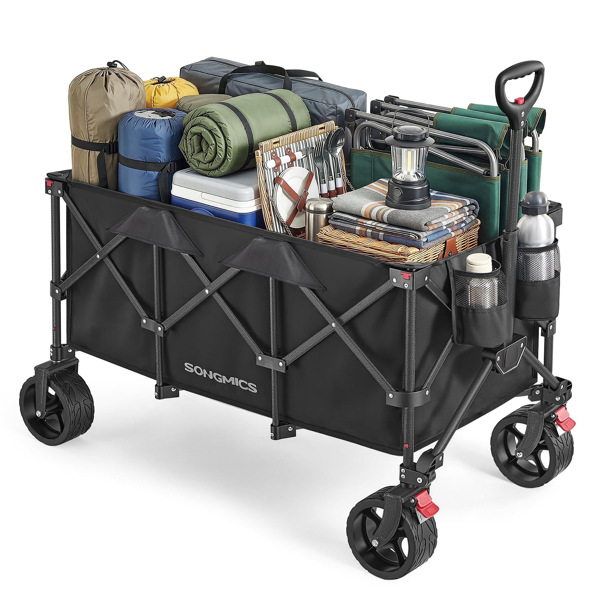 SONGMICS Carro de Mano Plegable con Asa, 4 Ruedas Desmontables, Carro de Jardín para Exterior, Playa, Camping, Carga de 150 kg, 200 L, Negro Tinta GFW200B01