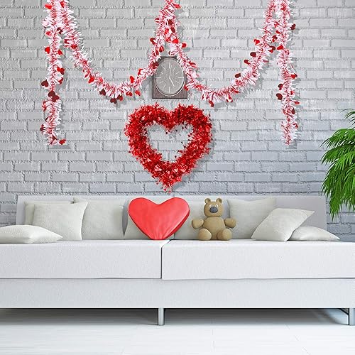 Miniatura 6 de Boao Guirnalda de oropel para el día de San Valentín de 66 pies, guirnalda de oropel de corazón rojo, brillante, adornos metálicos colgantes para