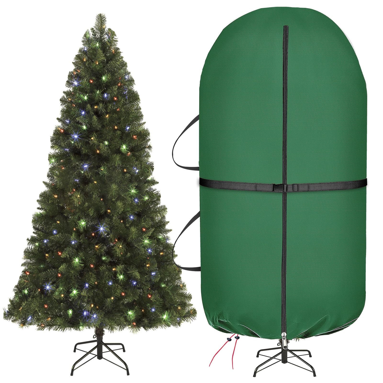 Upright Christmas Tree Storage Bag with Adjustable Straps, Christmas Tree Cover with Zipper Drawstring for 7.5 Foot Artificial Tree Standing with Ornaments, Dustproof