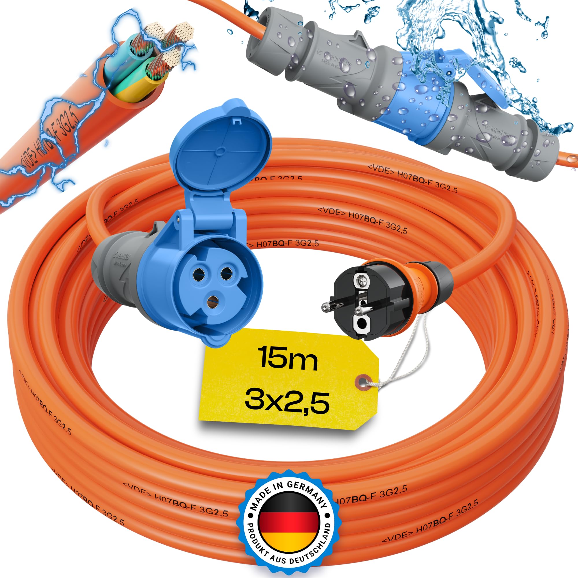 maxgo Camping Adapter Schuko auf CEE – 230V 16A 3x2,5 H07BQ-F Kabel 15m