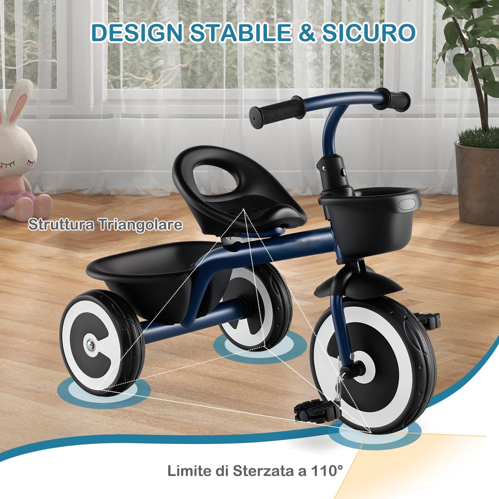 COSTWAY Triciclo per Bambini, Trike con Sede Regolabile Cestini Anteriori e Posteriori, Bicicletta a 3 Ruote con Telaio in Ferro Carbonioso di Alta Resistenza, per Bambini 1,5-5 Anni (Blu)