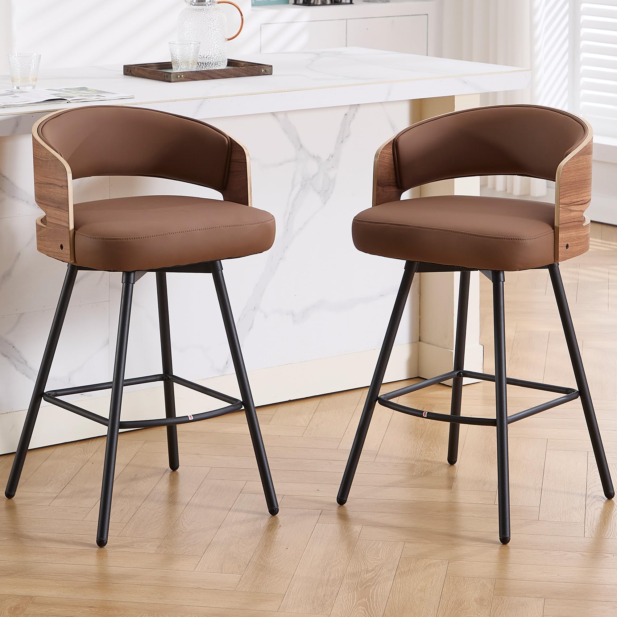 BV BONNE VIE Bar Stools Set of 2, 26" Swivel Counter Height Bar Stools with Bentwood Backrest, Mid Century Modern Faux Leather Upholstered Counter Stools for Kitchen Island, Bar, Pub, Brown