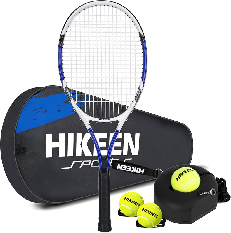 Hikeen Entrenador de tenis premium de rebote con base de metal, juego de entrenador de tenis individual portátil con 3 bolas de cuerda altamente elásticas, equipo de práctica de tenis para niños adultos y principiantes